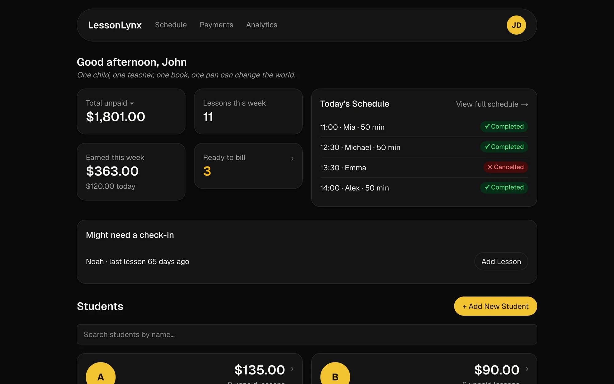 LessonLynx dashboard in dark mode with demo data