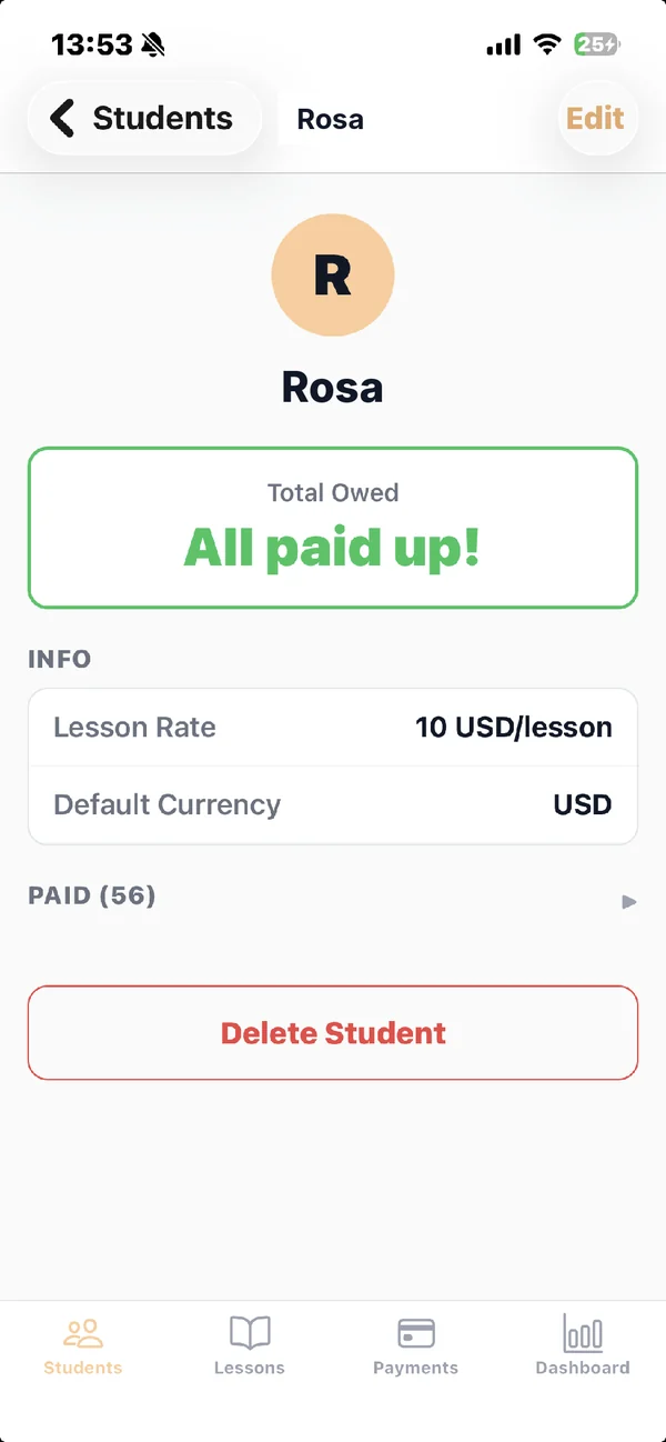 LessonLynx Mobile student screen showing All paid up